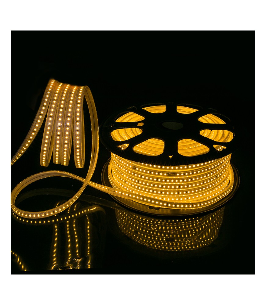 Tira LED 220V SMD2835 12W/m encendida en color luz cálida 3000K