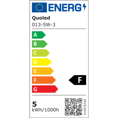 Etiqueta de eficiencia energética Clase F para bombilla LED G9 de 5W. Cumple con la normativa europea 2019/2015