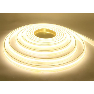 Tira LED COB flexible instalada de forma circular mostrando luz continua