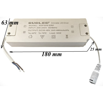 Dimensiones técnicas Driver LED 30W: 180mm x 63mm x 25mm