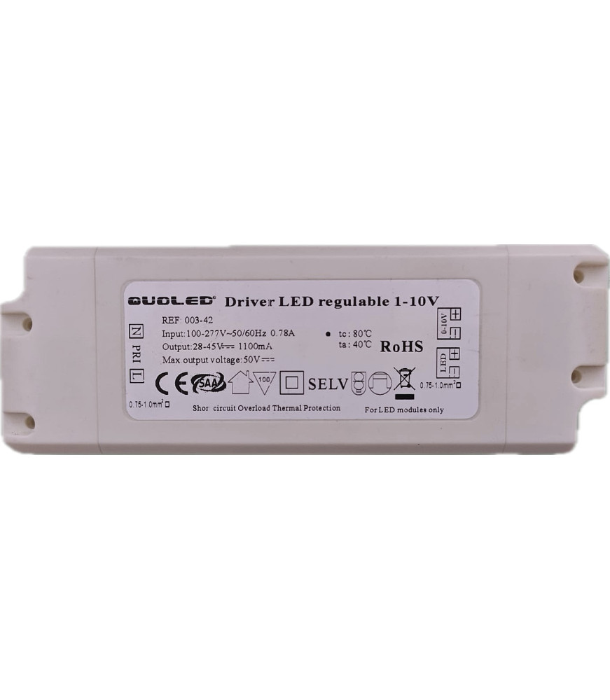 Driver LED Regulable 1-10V 48W para Paneles LED - Corriente Constante 1100mA IP20