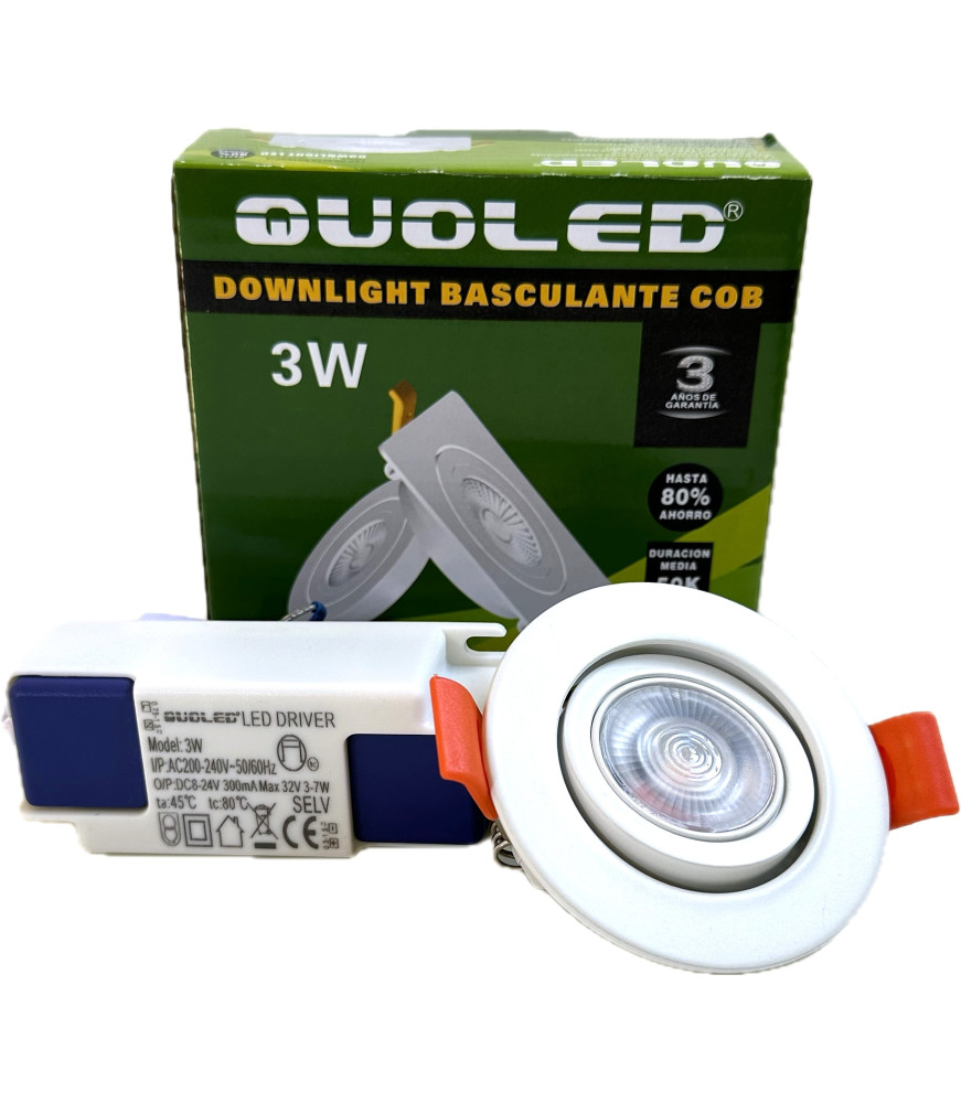 Pack Downlight LED basculante 3W QuoLED con driver incluido