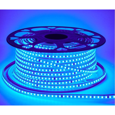 Rollo de tira LED 220V SMD5050 color azul encendida de 50 metros IP65