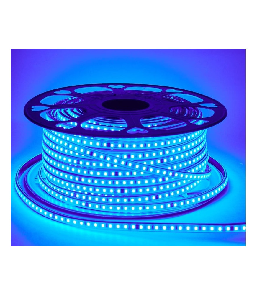 Rollo de tira LED 220V SMD5050 color azul encendida de 50 metros IP65