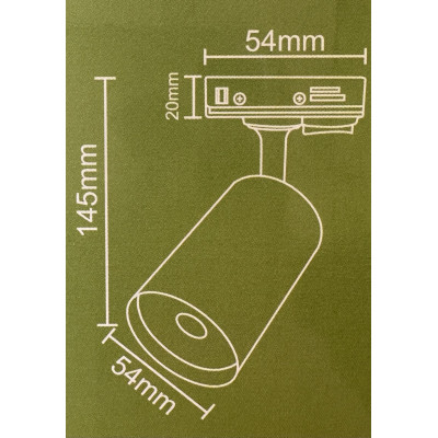 Esquema técnico con las medidas del foco GU10: 54mm de diámetro y 145mm de altura